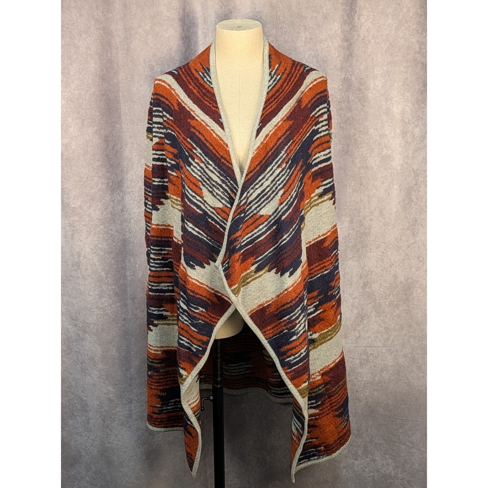 Lucky Brand Womens M Southwestern Knit Open Front Cardigan Orange Navy Boho Wrap